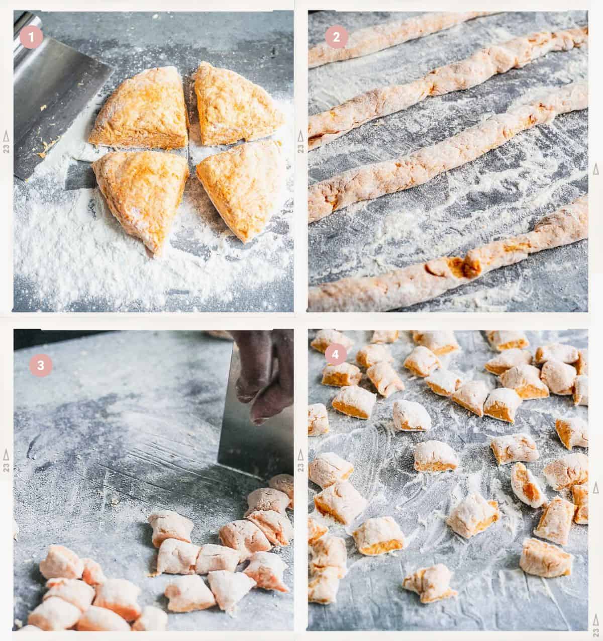 Montage de quatre photos montrant comment façonner des gnocchis de patate douce pas à pas.