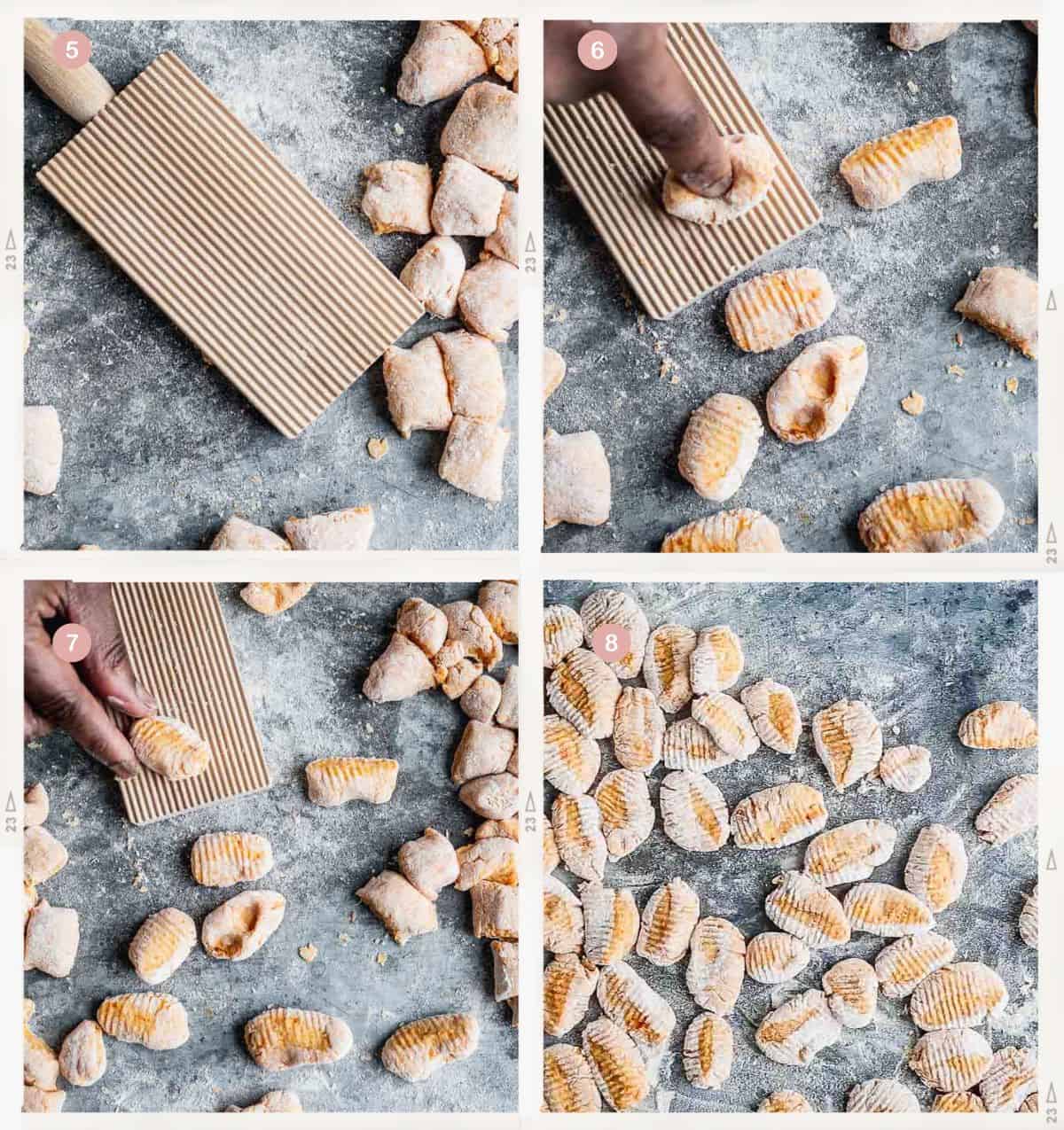 Montage de quatre photos montrant comment faire des gnocchis de patates douces en se servant d'une planche à gnocchis pas à pas.