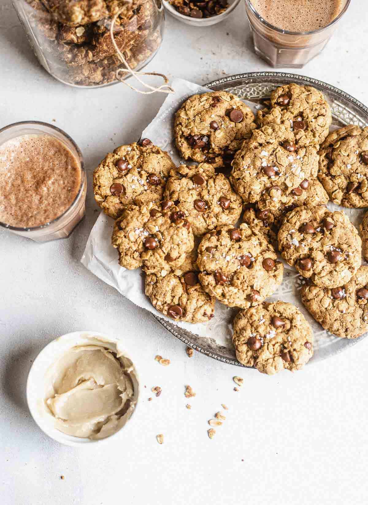 vegan oatmeal chocolate chip cookies  on a platter.