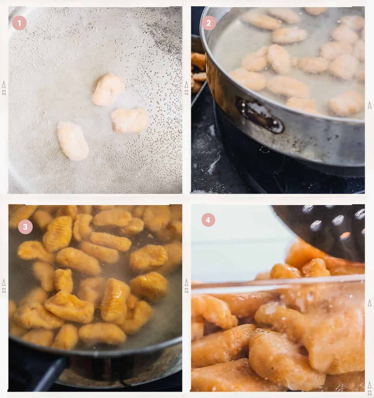 Montage de quatre photos montrant comment cuire des gnocchis de patate douce pas à pas.