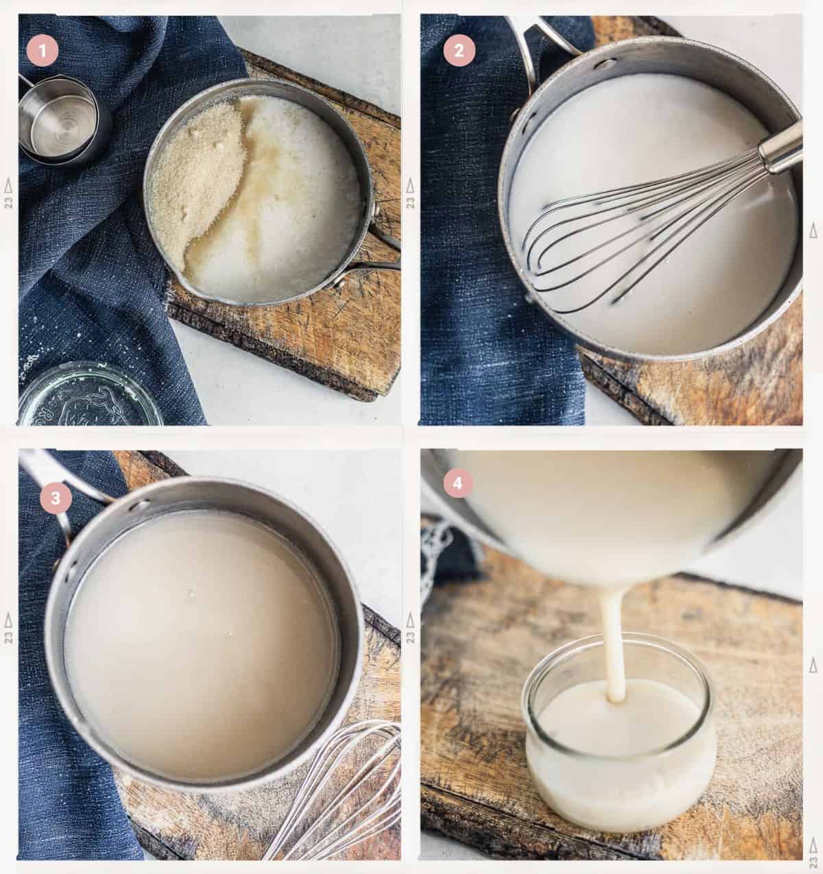 Montage de quatre photos montrant comment faire le lait concentré sucré végétalien pas à pas.