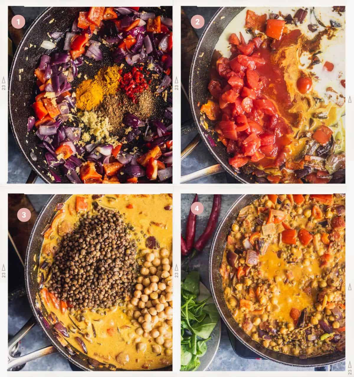 Montage de quatre photos montrant comment faire le curry facile aux lentilles et aux pois chiches pas à pas.