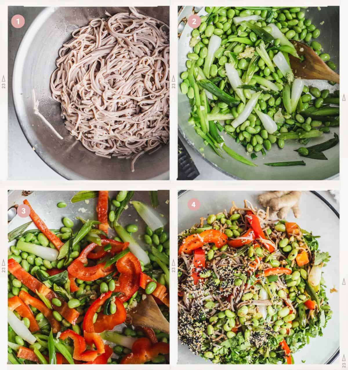 Montage de quatre photos montrant le processus de cuisson des nouilles soba sans gluten pas à pas. 