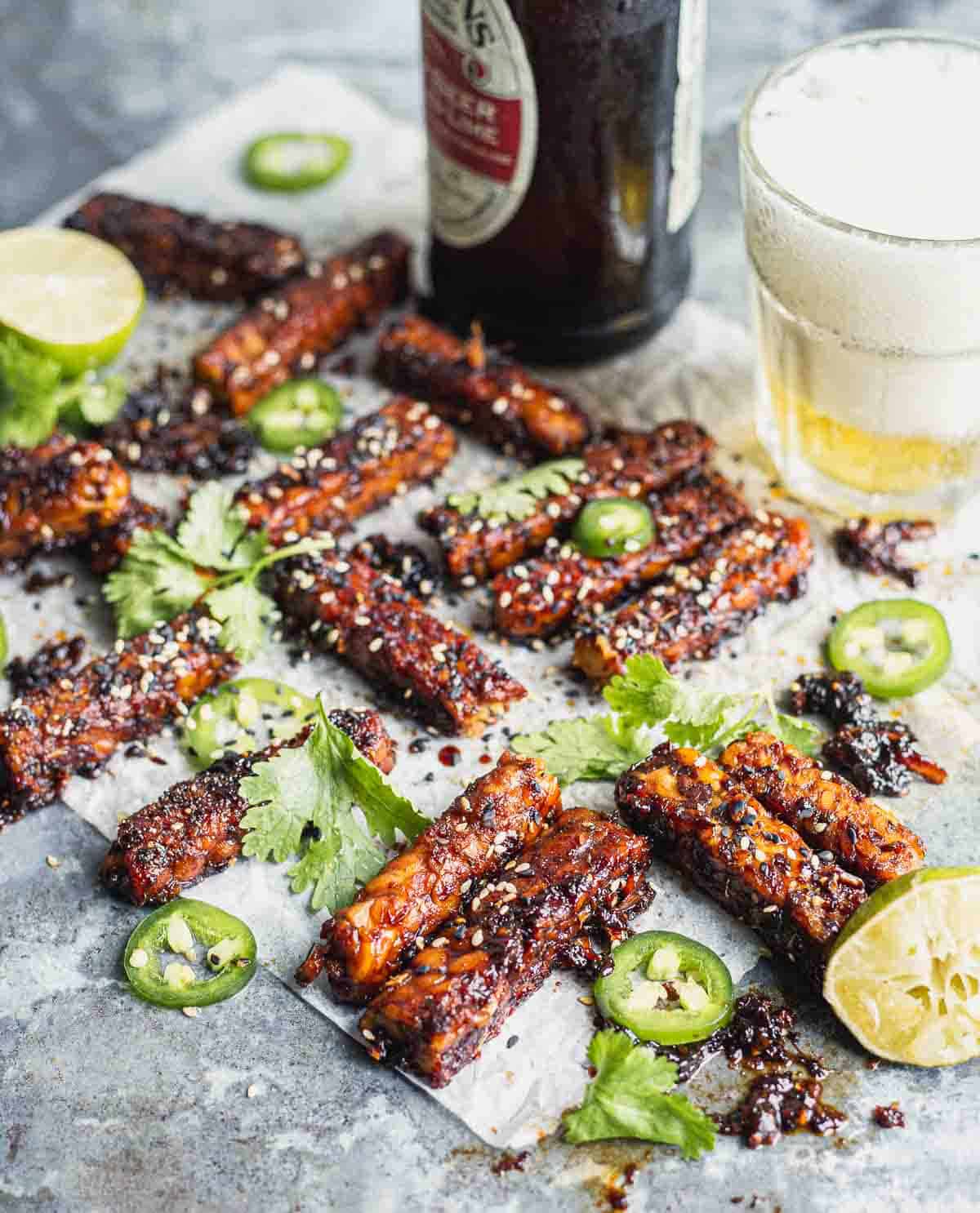 Sticky tempeh on parchment paper