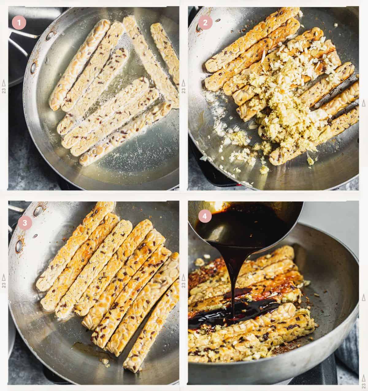 Montage of four photos showing how to make this sticky tempeh step by step. 